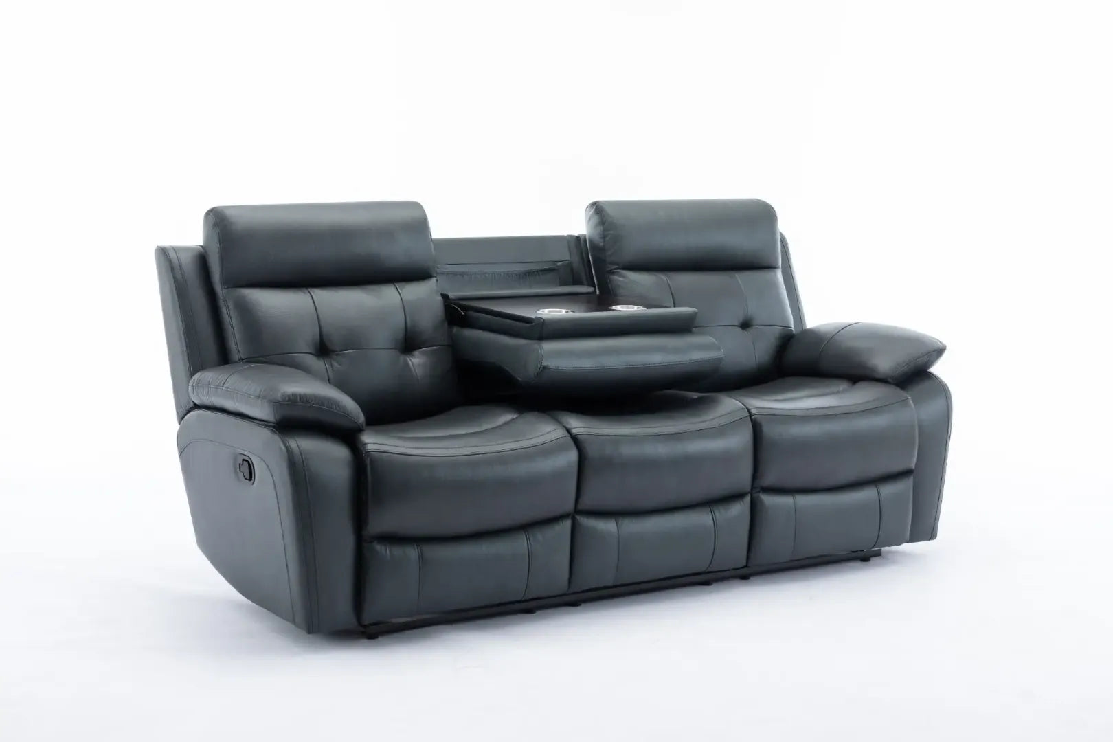 Louie Leather Reclining Sofa, Dual Manual Reclining Chairs with Table - Black