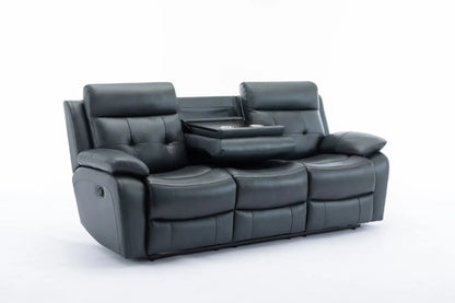 Louie Leather Reclining Sofa, Dual Manual Reclining Chairs with Table - Black