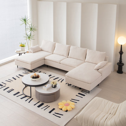 Modern U-Shaped Beige Sectional Sofa, Double Chaise Couch, Beige