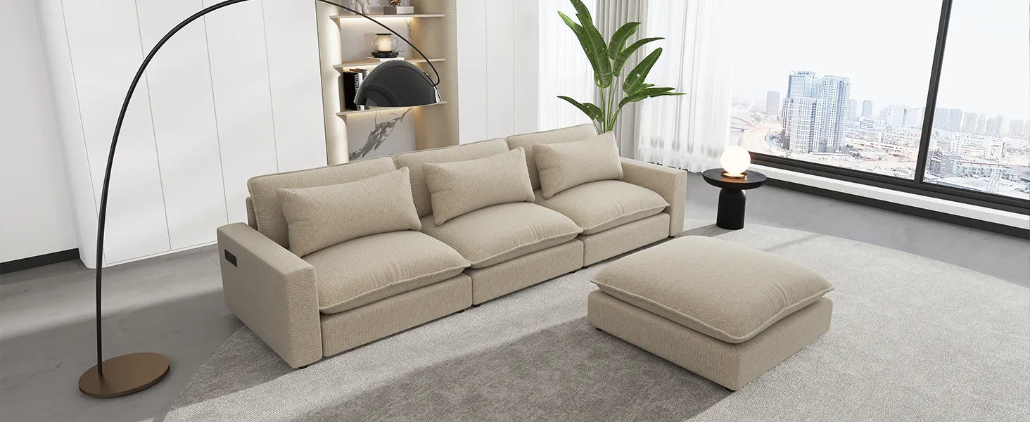 Comfy Sectional Cloud Couch, Chenille Sofa with Ottoman, Beige