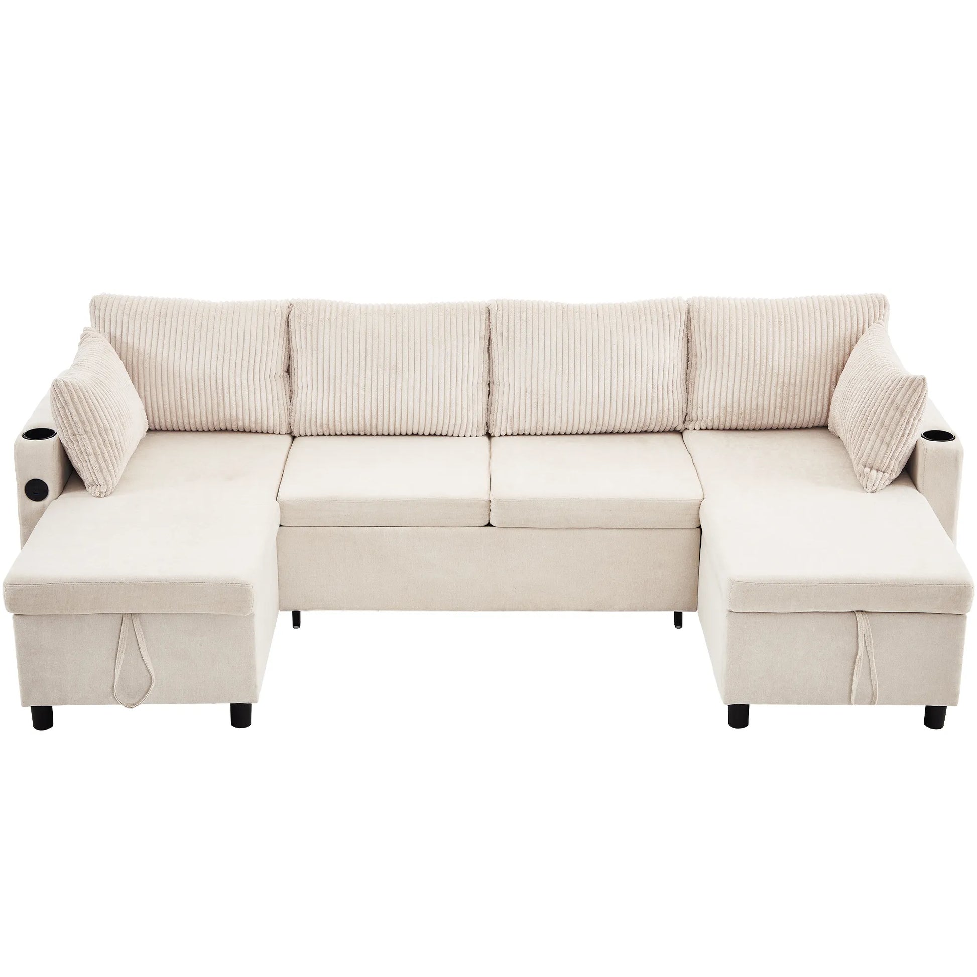 Corduroy Couch with Chaise Sleeper, Sectional Sofa Pull-Out, Beige