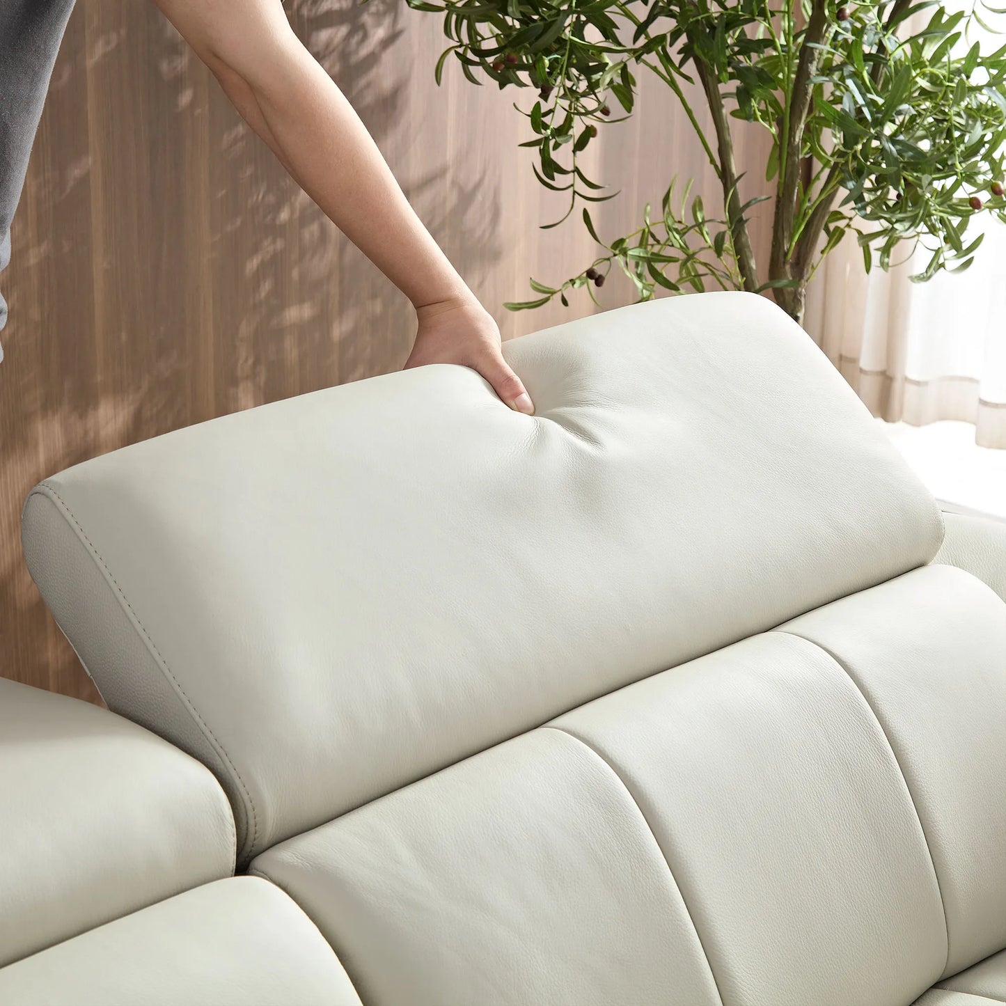 Genuine Leather Recliner Sofa, Modern Couch with Chaise, USB and Adjustable Headrest, Light Grey