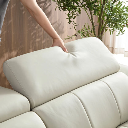 Genuine Leather Recliner Sofa, Modern Couch with Chaise, USB and Adjustable Headrest, Light Grey