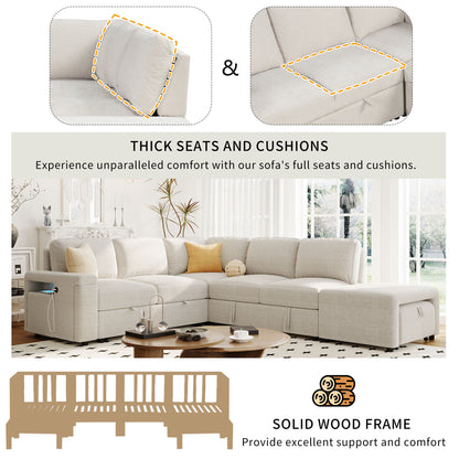 Sleeper Sectional, Sofa L Shape, Couch with Ottoman and Storage, Beige/Gray/Blue