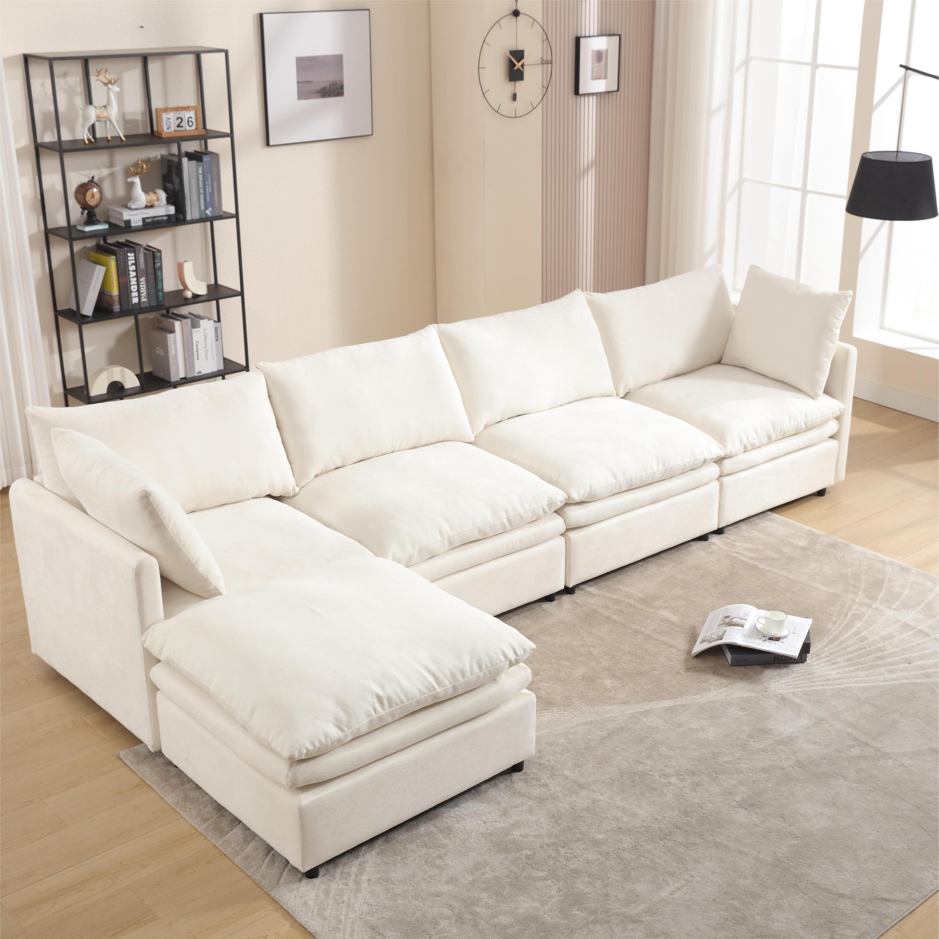 Modular Cloud Couch, U Shaped Sectional Sofa with Ottoman, Beige