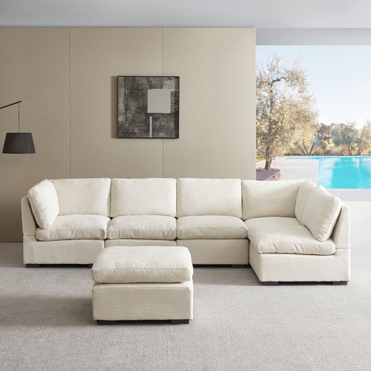 L-Shaped Couch, 6-Seat Corduroy Sofa, Couch with Ottoman, Beige