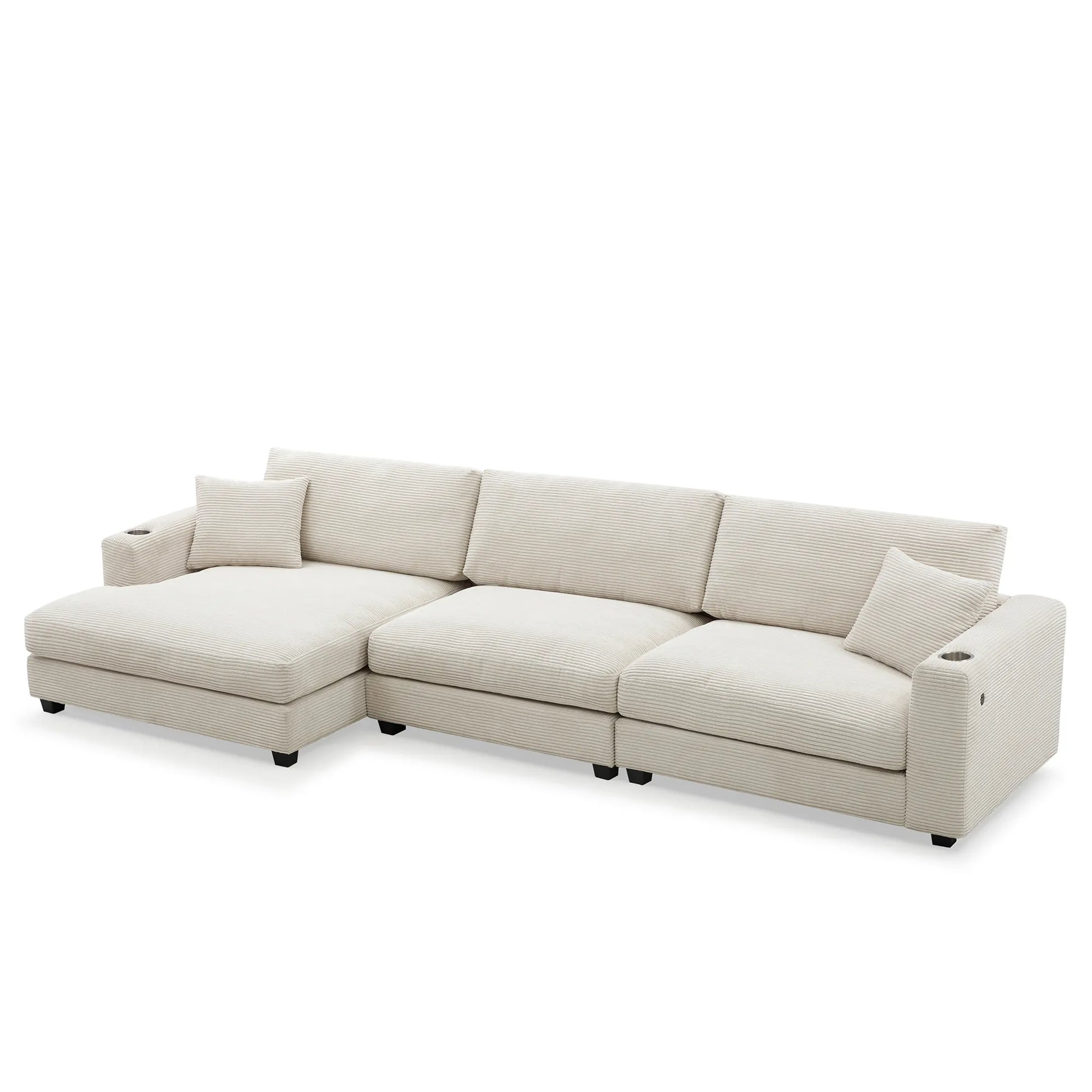 Deep Seat Corduroy Sofa, Large Sectional Couch with Chaise, Beige