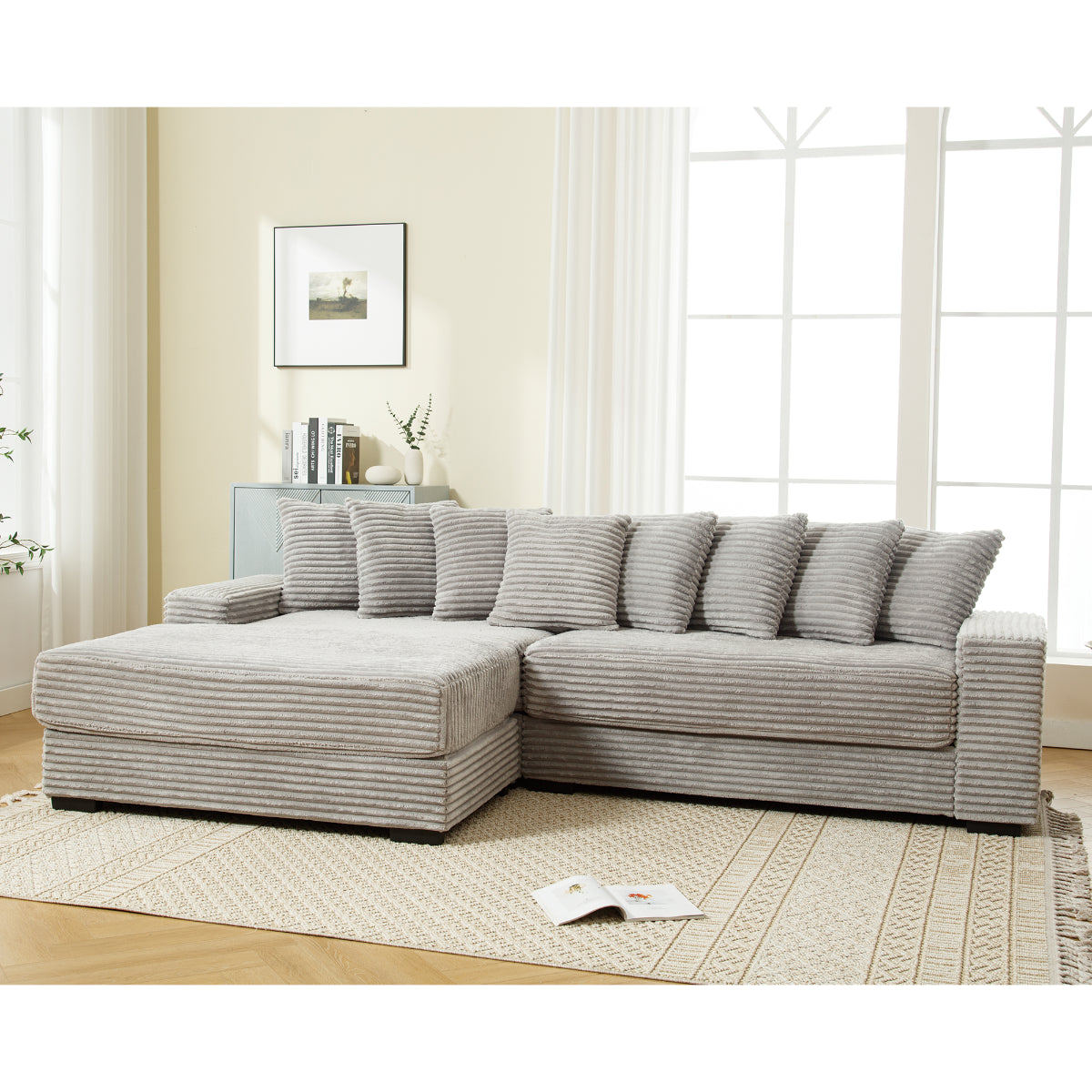 L Shaped Corduroy Couch, Plush Chaise Lounge Sofa, Gray