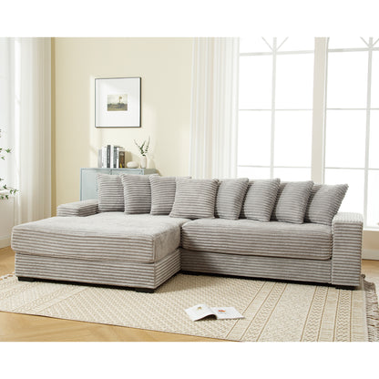 L Shaped Corduroy Couch, Plush Chaise Lounge Sofa, Gray