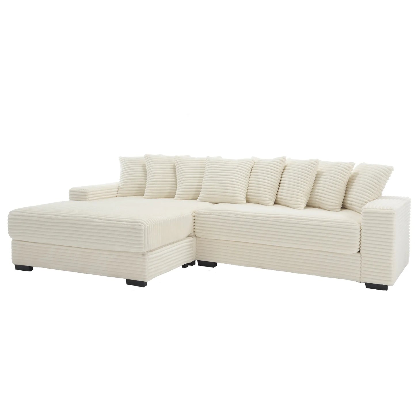 L Shaped Corduroy Couch, Plush Chaise Lounge Sofa, Beige