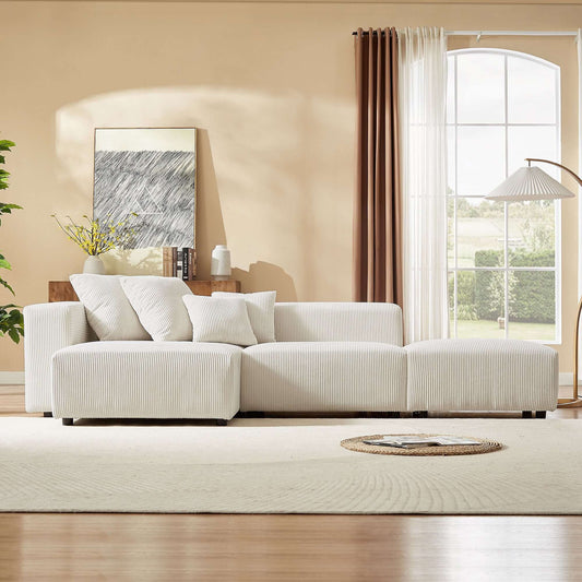 Corduroy Couch, Sofa with Chaise Lounge, 3 Piece - Beige