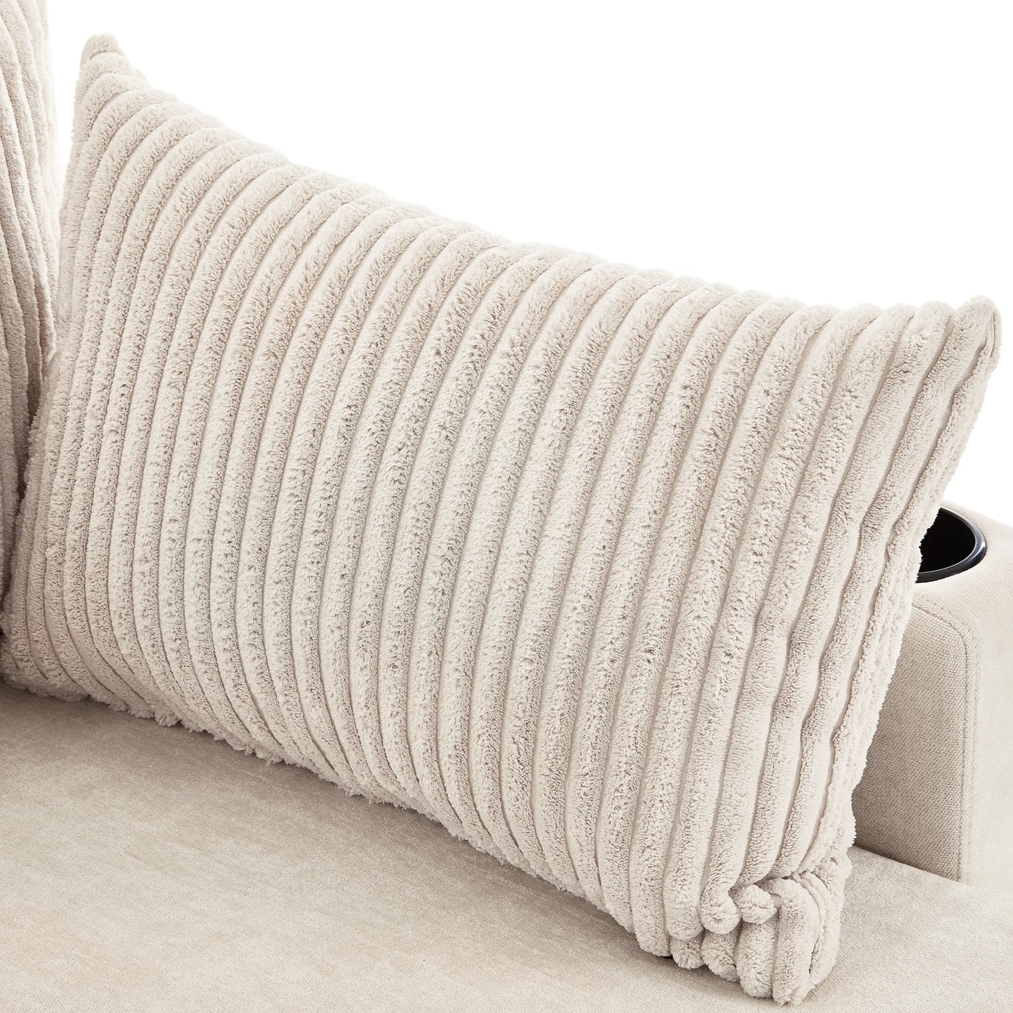 Corduroy Couch with Chaise Sleeper, Sectional Sofa Pull-Out, Beige
