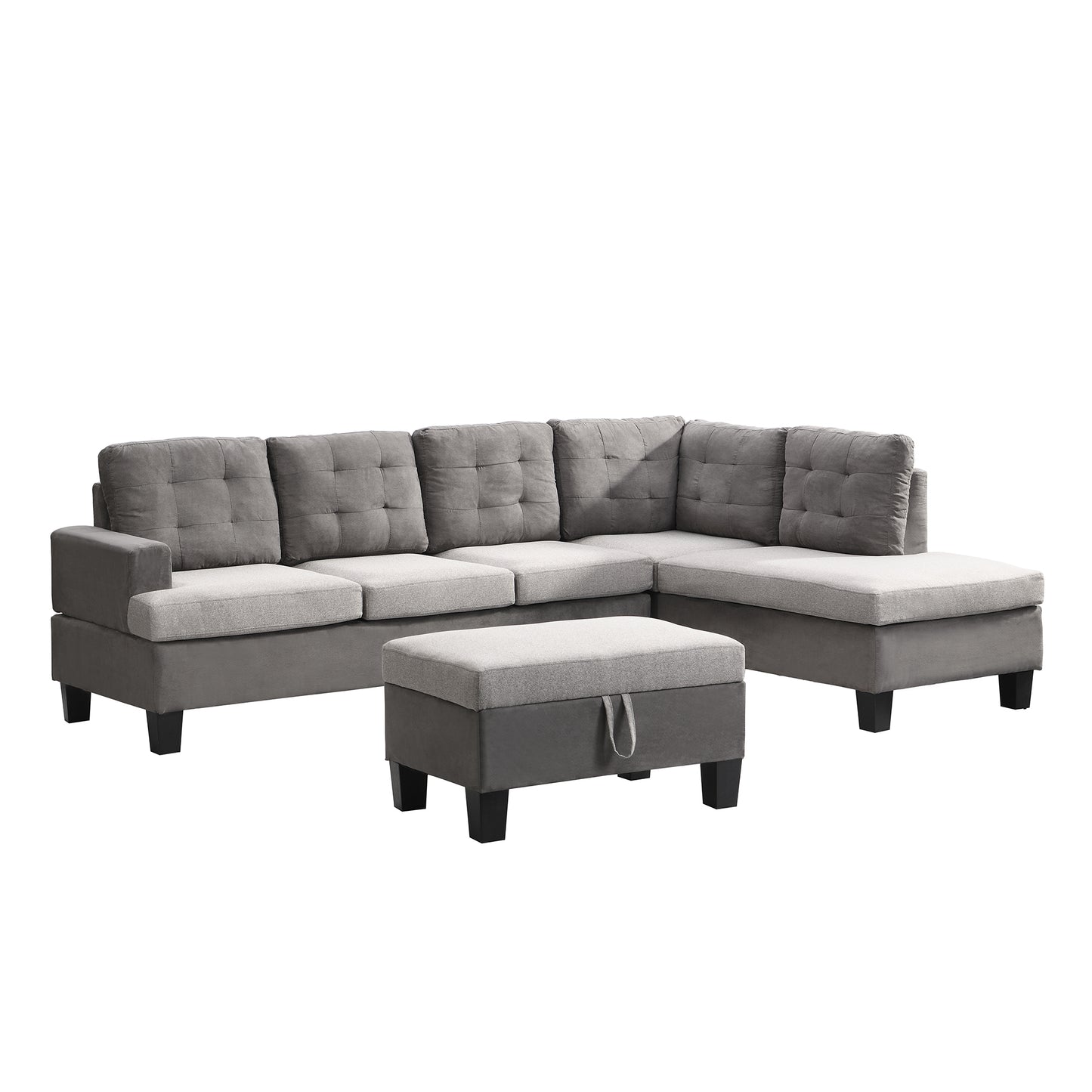 Gray Sectional Couch, Sofa with Chaise and Storage Ottoman