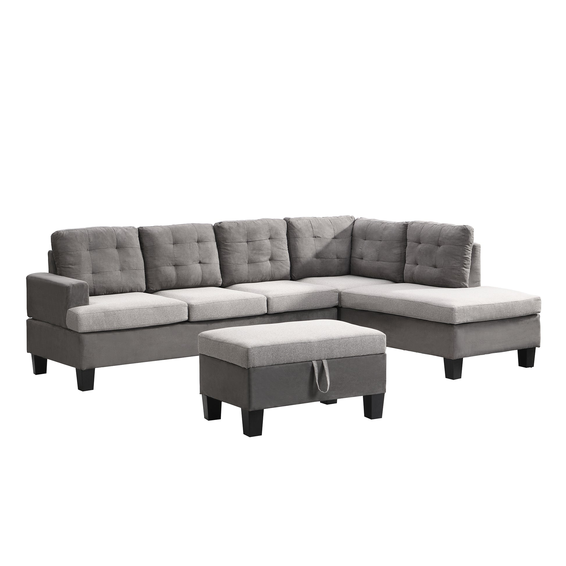 Gray Sectional Couch, Sofa with Chaise and Storage Ottoman
