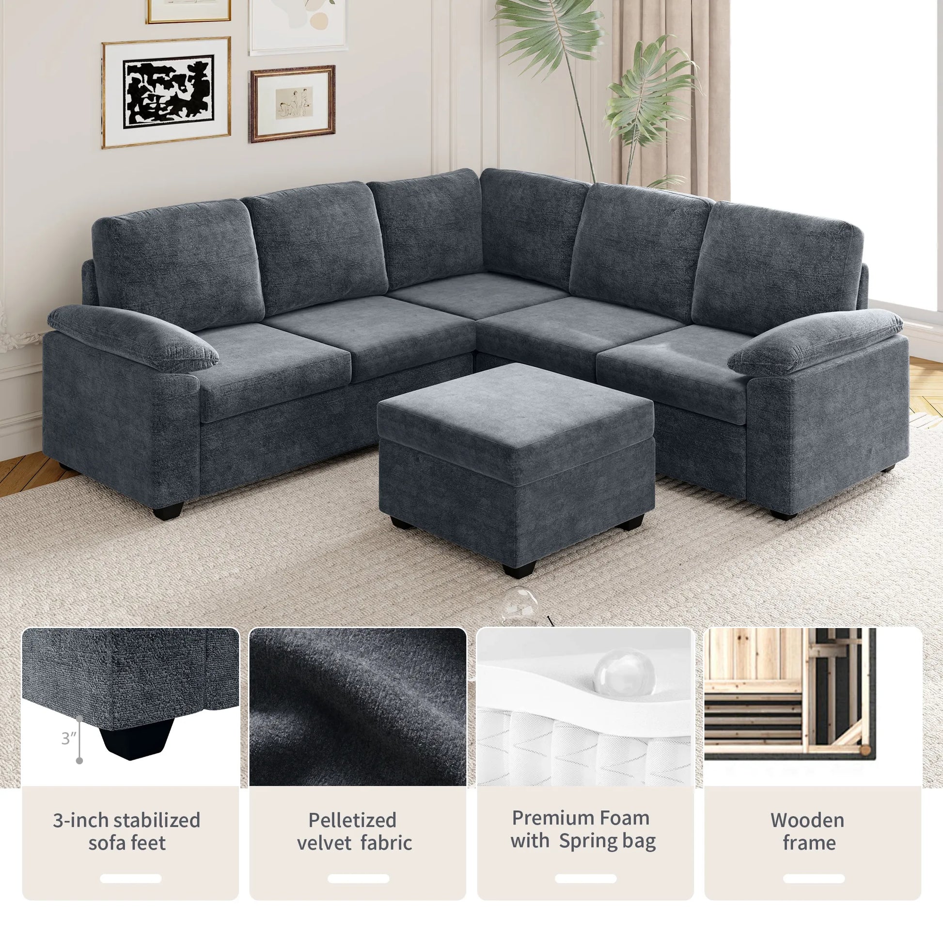 Modern L-Shape Velvet Sectional Sofa, Corner Couch with Ottoman, Grey