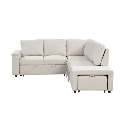 Sleeper Sectional, Sofa L Shape, Couch with Ottoman and Storage, Beige/Gray/Blue