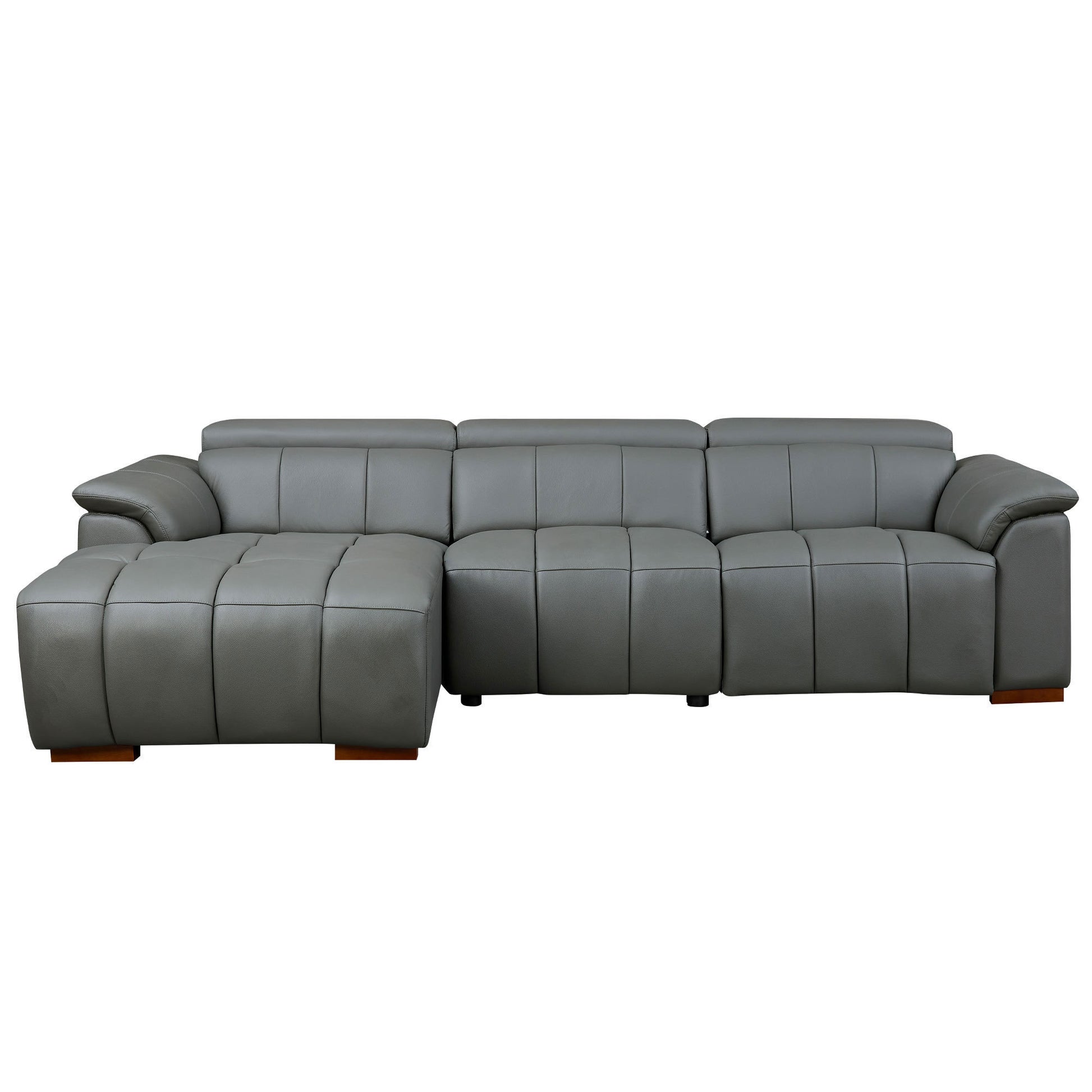 Genuine Leather Recliner Sofa, Modern Couch with Chaise, USB and Adjustable Headrest, Dark Grey