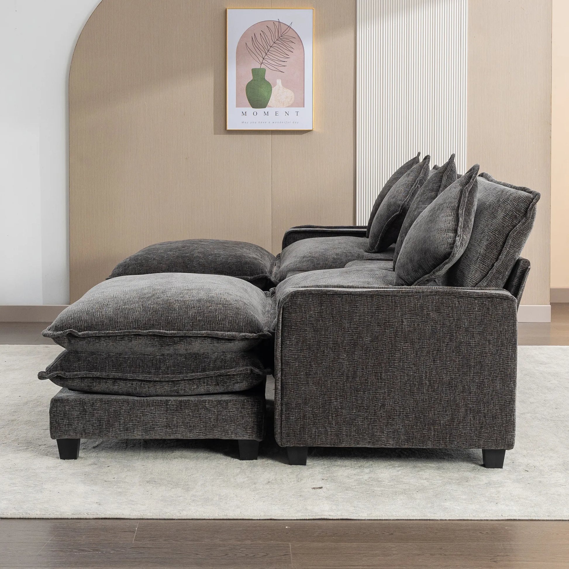 Plush Couch, Deep Seat Couch with Ottomans, Black