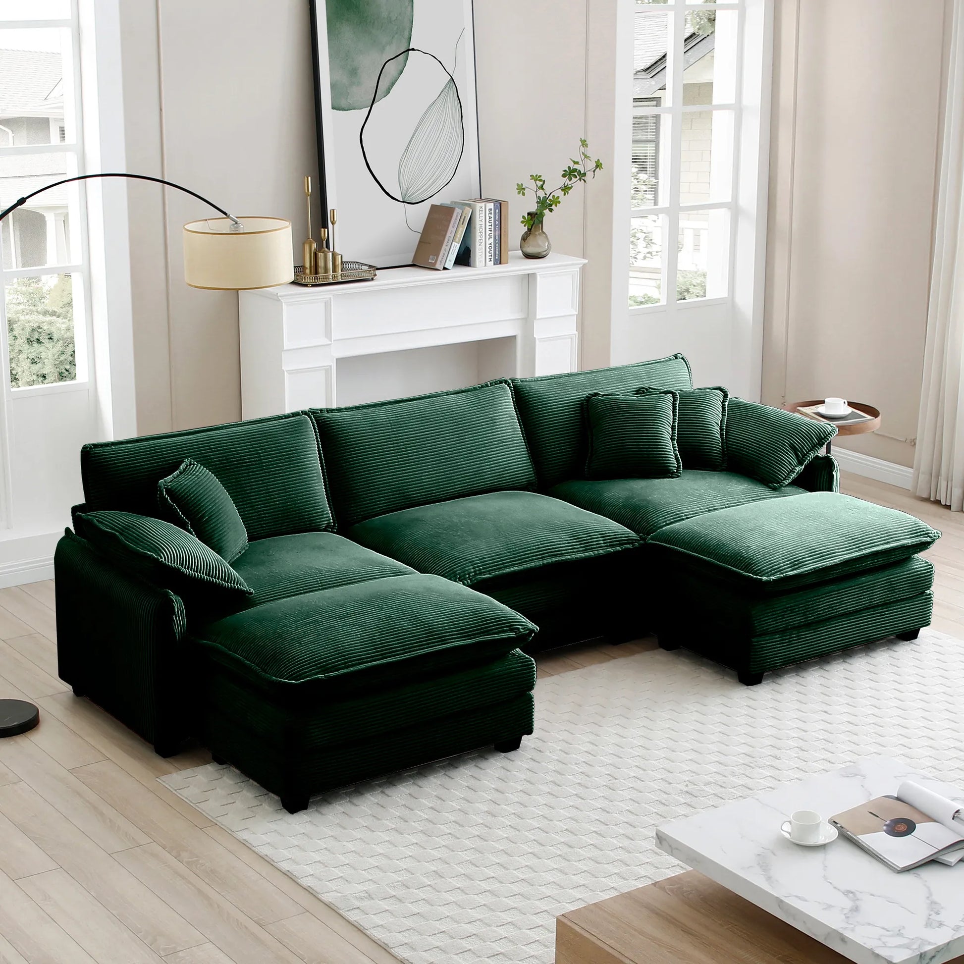U Shape Sectional Cloud Sofa, Plush Corduroy Couch with Ottoman, Green