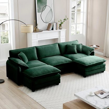 U Shape Sectional Cloud Sofa, Plush Corduroy Couch with Ottoman, Green