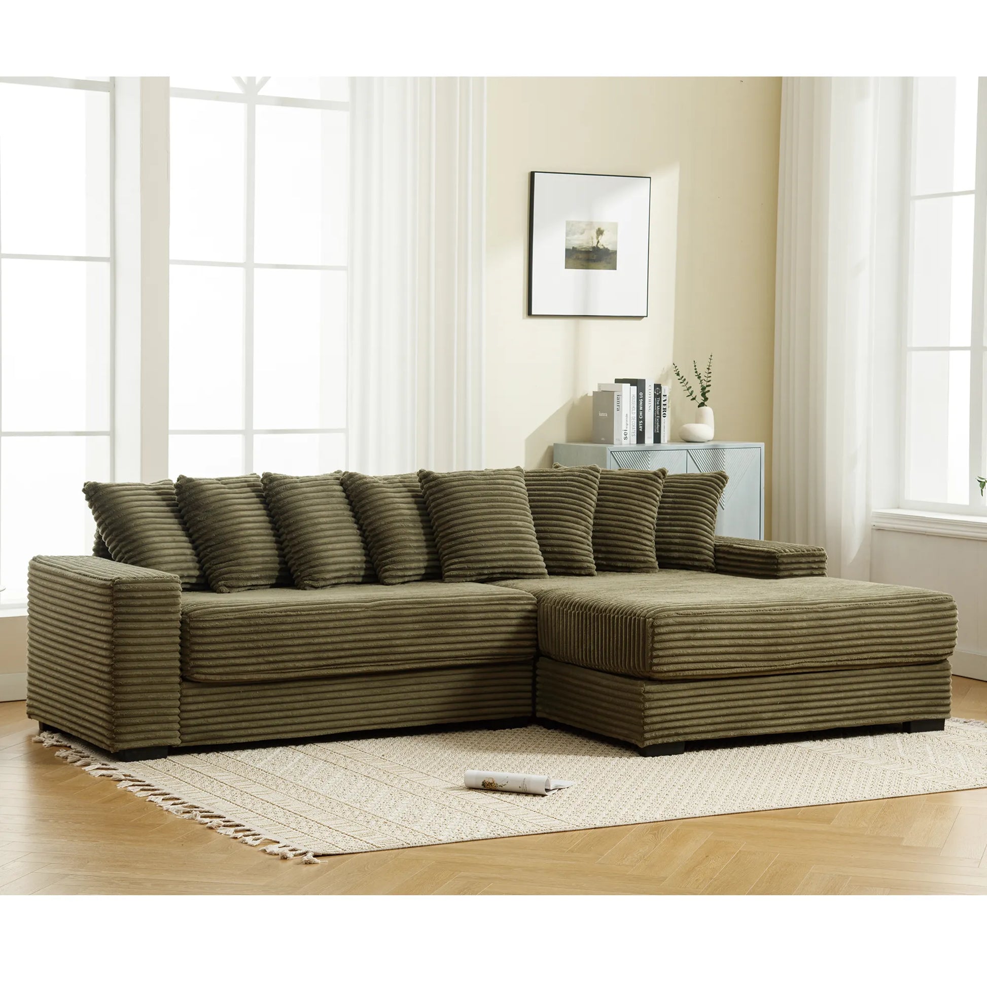 L Shaped Corduroy Couch, Plush Chaise Lounge Sofa, Green