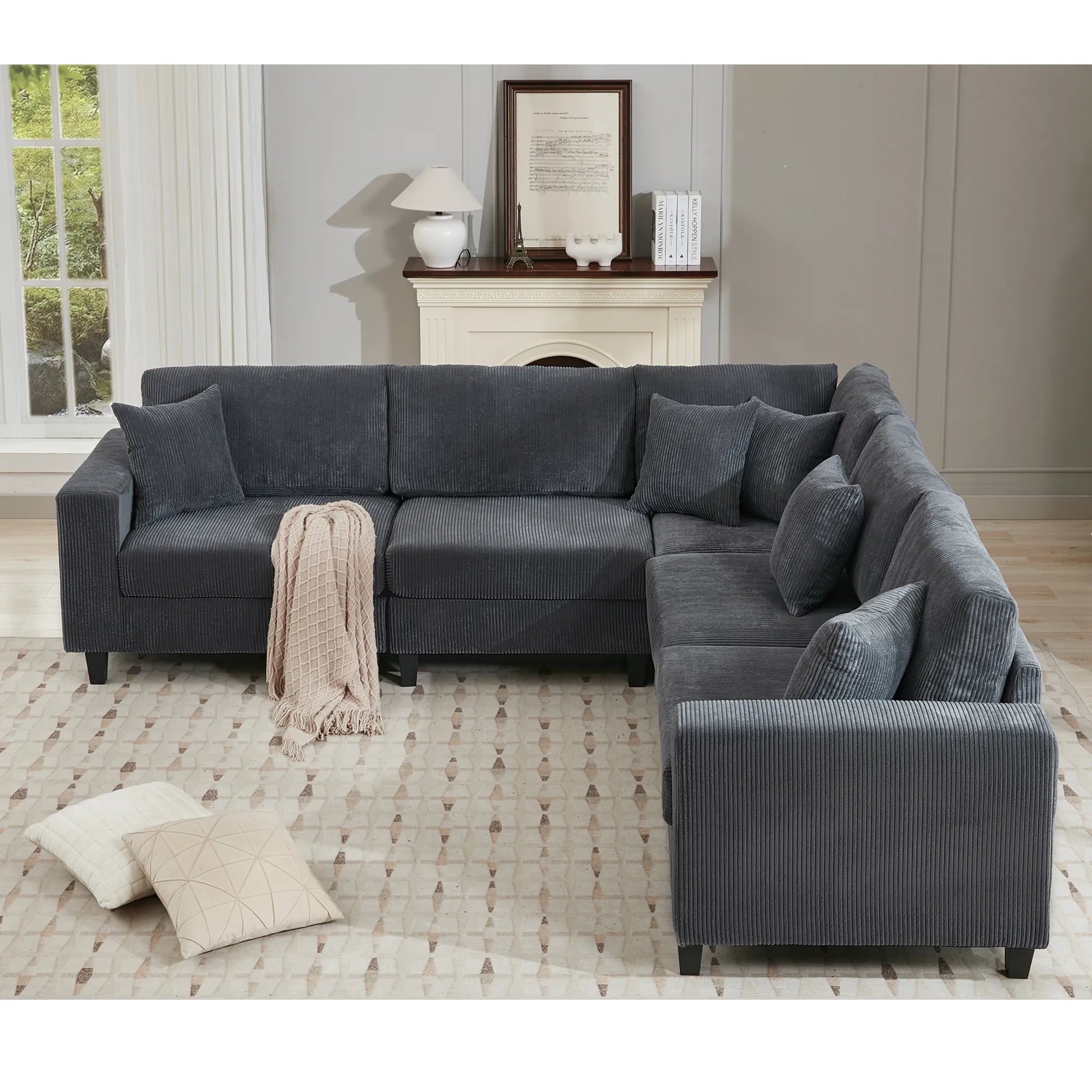 Modular Sectional Sofa, Deep Seat Corduroy Couch, Dark Gray