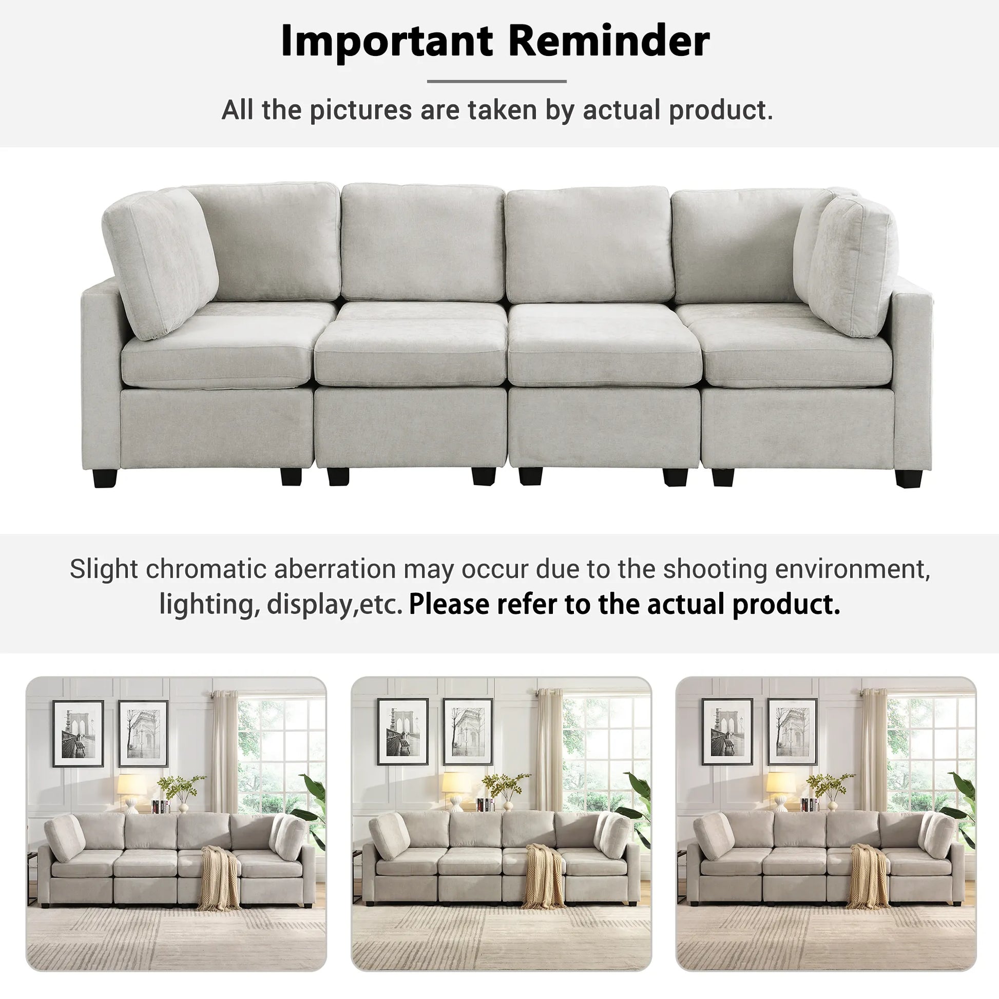 U Shaped Couch, Chenille Sectional Sofa with Ottoman, Grey