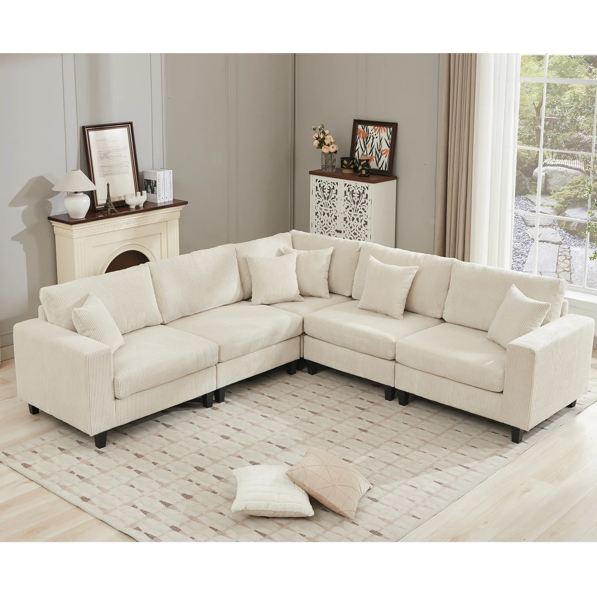 Modular Sectional Sofa, Deep Seat Corduroy Couch, Beige