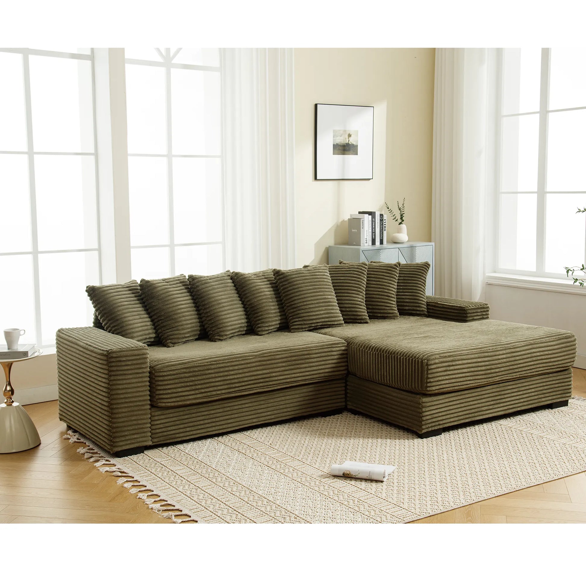 L Shaped Corduroy Couch, Plush Chaise Lounge Sofa, Green