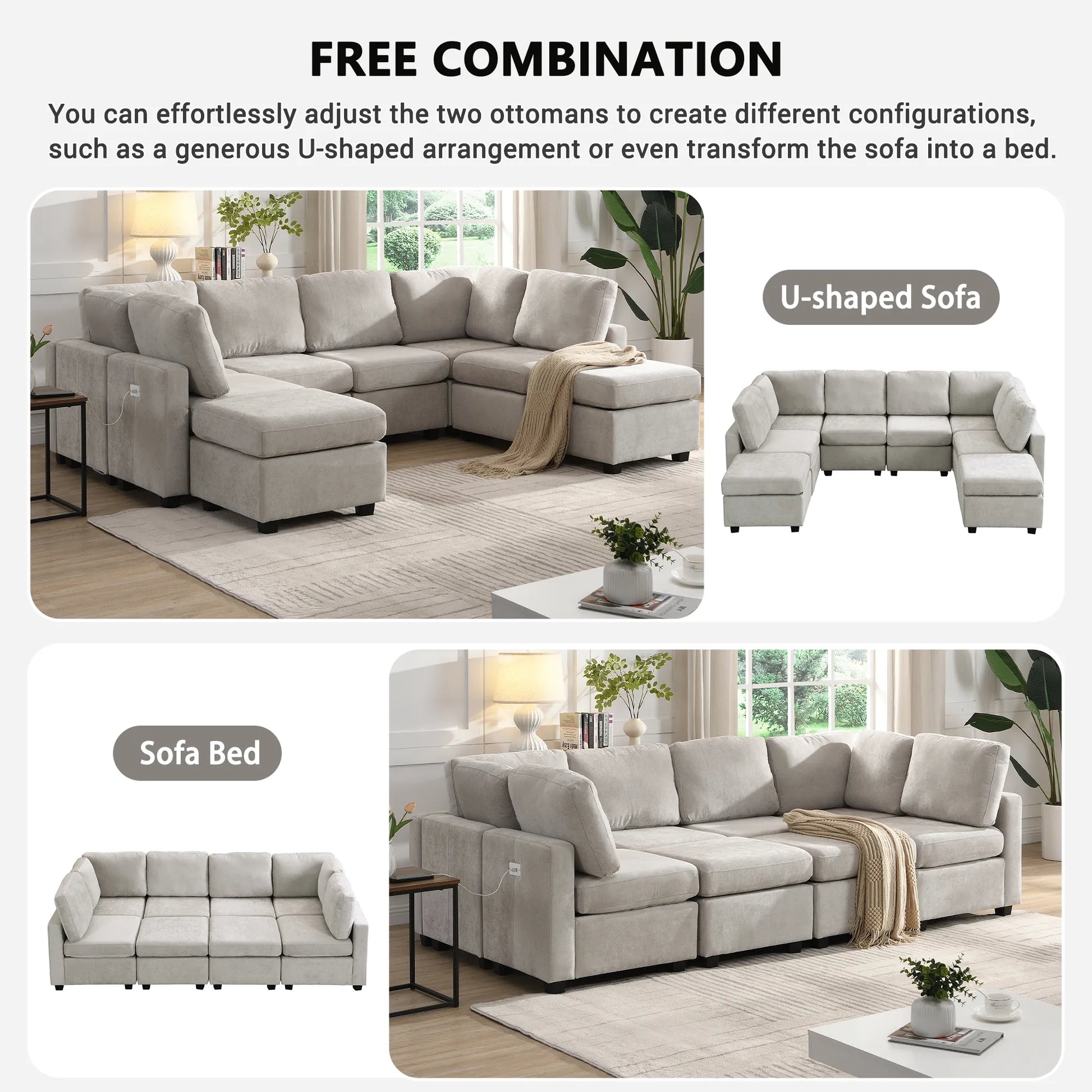 U Shaped Couch, Chenille Sectional Sofa with Ottoman, Grey