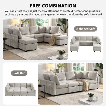 U Shaped Couch, Chenille Sectional Sofa with Ottoman, Grey