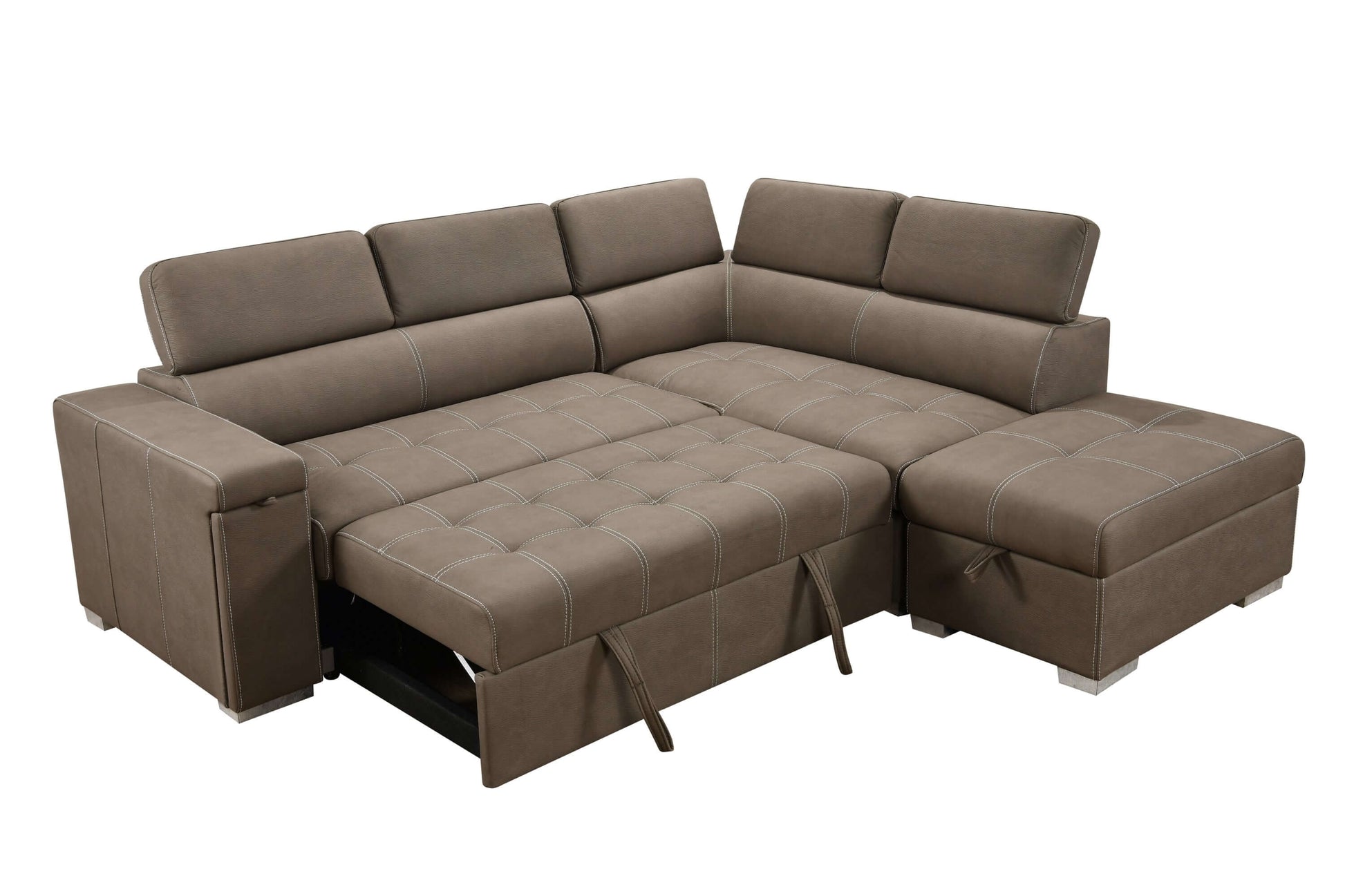 Louie L-Shaped Sofa Bed, Convertible Couch Pullout with Storage Chaise and Adjustable Headrest - Brown