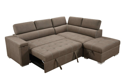 Louie L-Shaped Sofa Bed, Convertible Couch Pullout with Storage Chaise and Adjustable Headrest - Brown