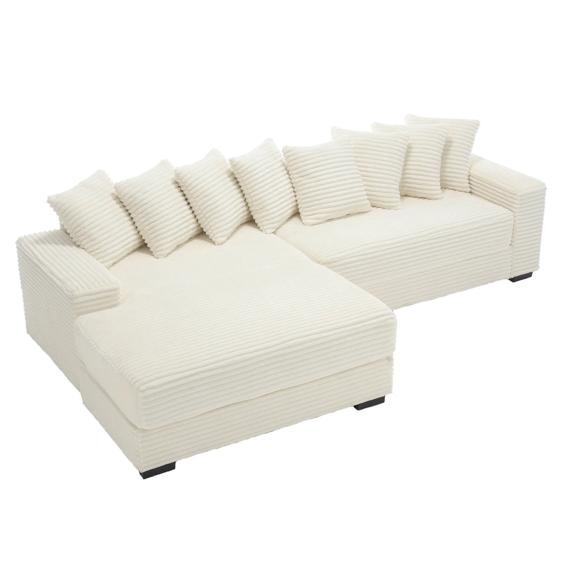 L Shaped Corduroy Couch, Plush Chaise Lounge Sofa, Beige