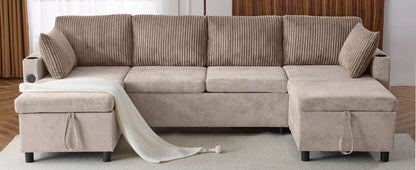 Corduroy Couch with Chaise Sleeper, Sectional Sofa Pull-Out, Brown