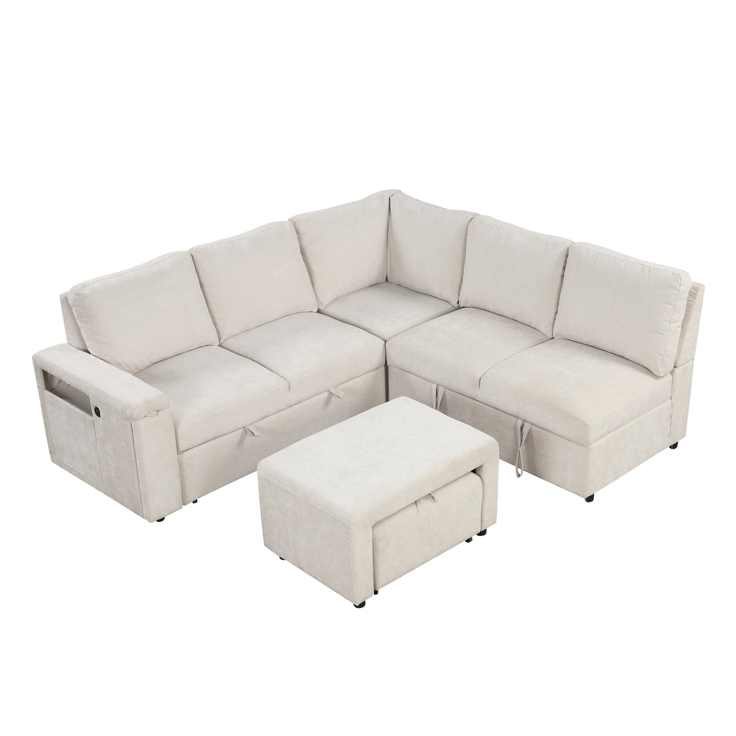 Sleeper Sectional, Sofa L Shape, Couch with Ottoman and Storage, Beige