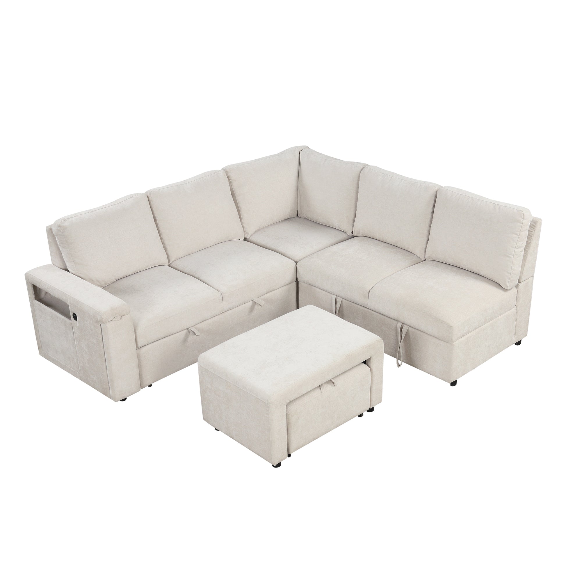 Sleeper Sectional, Sofa L Shape, Couch with Ottoman and Storage, Beige