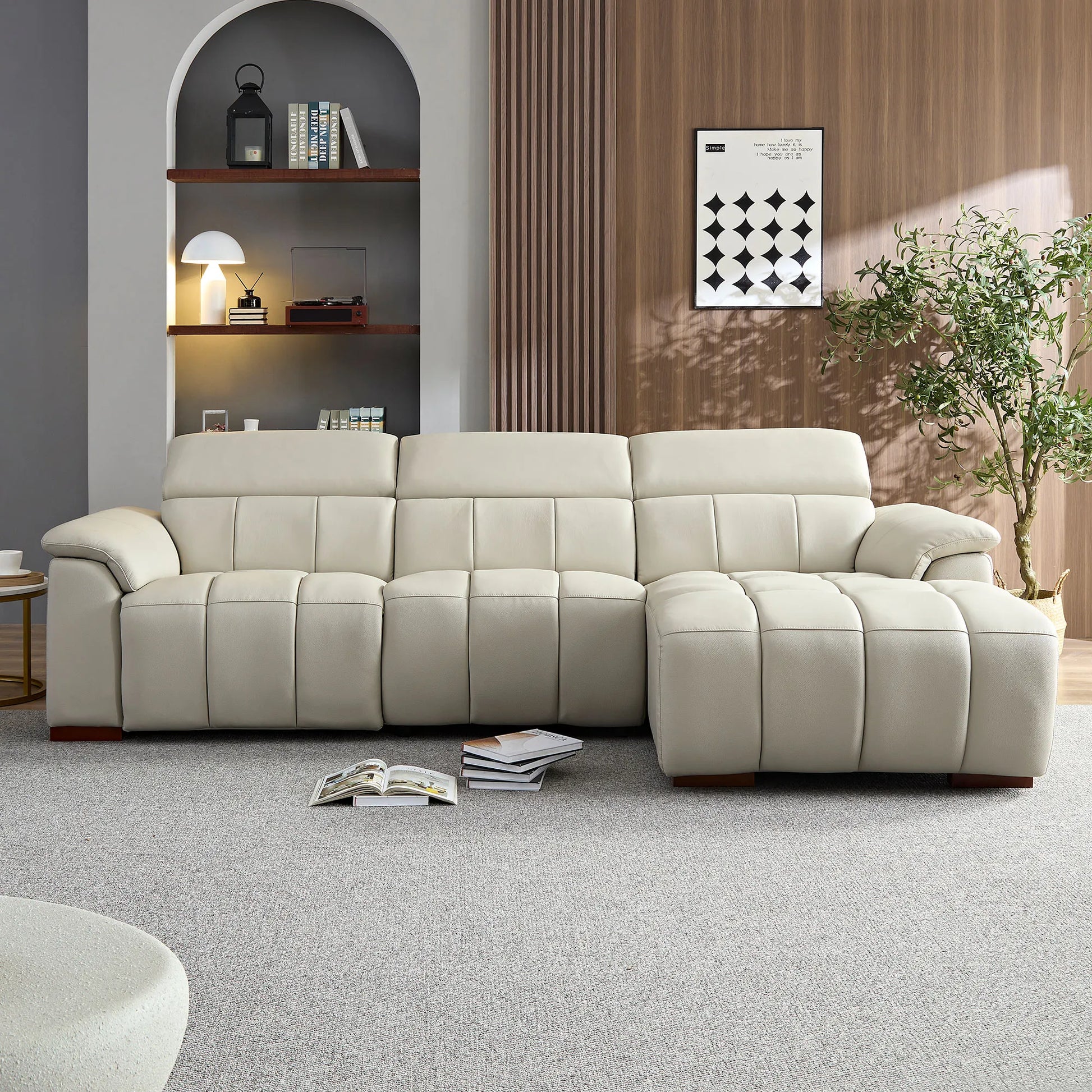 Genuine Leather Recliner Sofa, Modern Couch with Chaise, USB and Adjustable Headrest, Light Grey