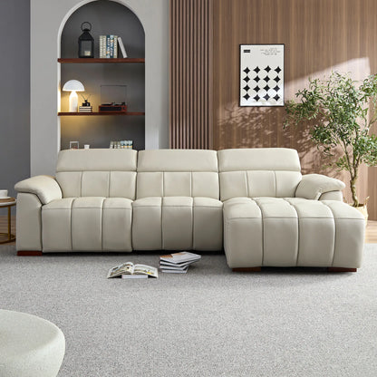 Genuine Leather Recliner Sofa, Modern Couch with Chaise, USB and Adjustable Headrest, Light Grey