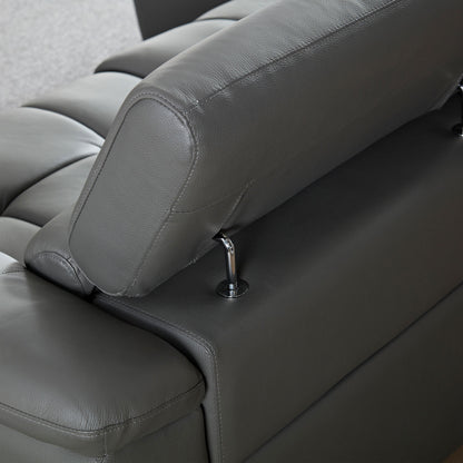 Genuine Leather Recliner Sofa, Modern Couch with Chaise, USB and Adjustable Headrest, Dark Grey