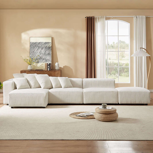 Modular Sofa Sectional Chaise Lounge, L-Shaped Sectional Soft Corduroy 4 Piece Set Beige