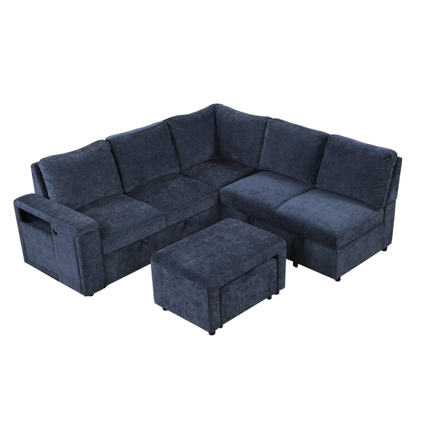 Sleeper Sectional, Sofa L Shape, Couch with Ottoman and Storage, Blue