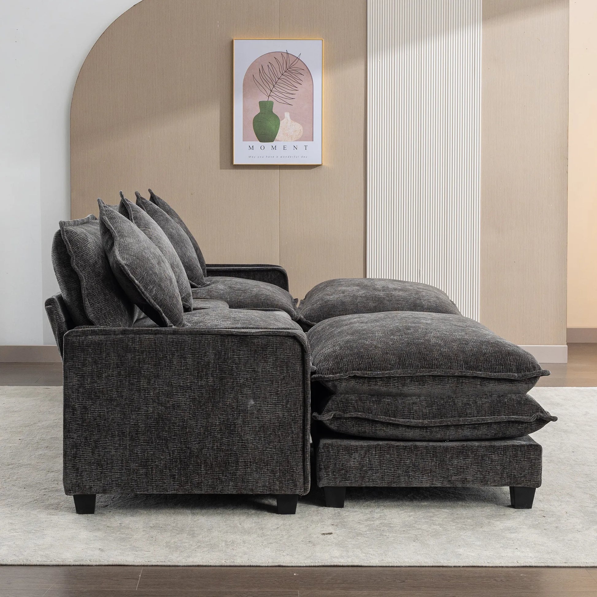 Plush Couch, Deep Seat Couch with Ottomans, Black