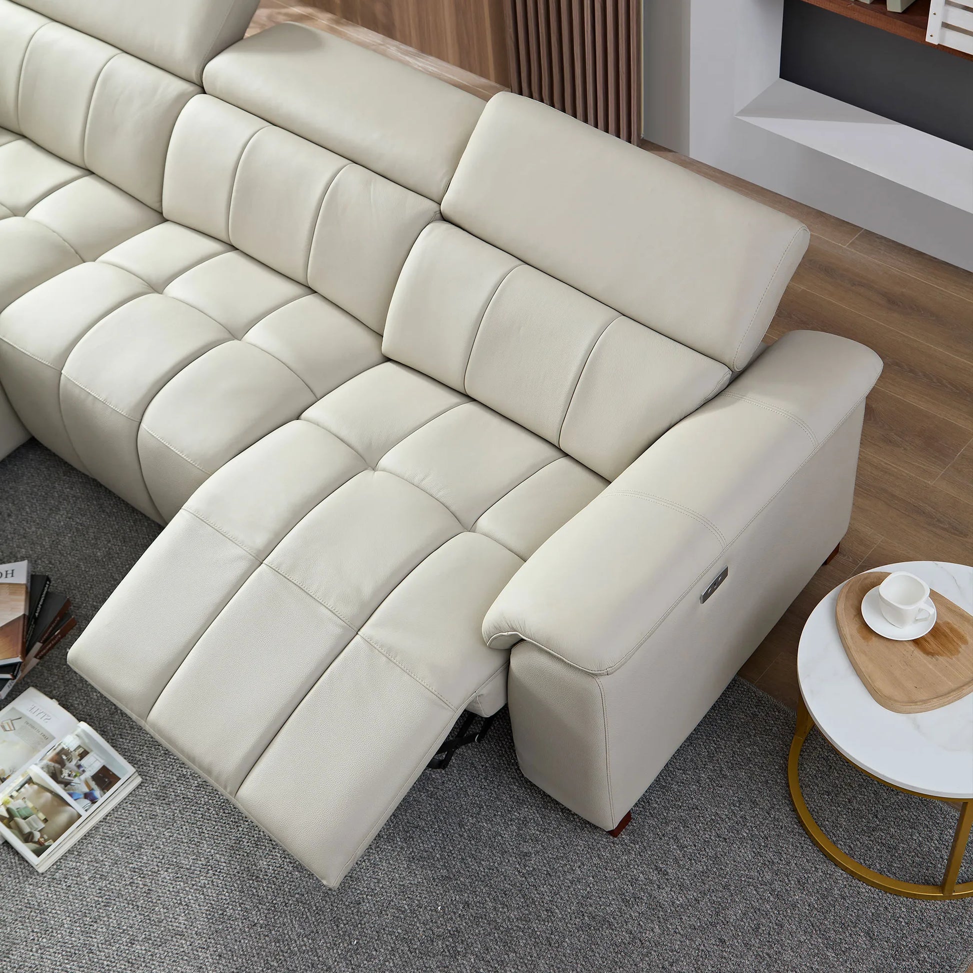Genuine Leather Recliner Sofa, Modern Couch with Chaise, USB and Adjustable Headrest, Light Grey