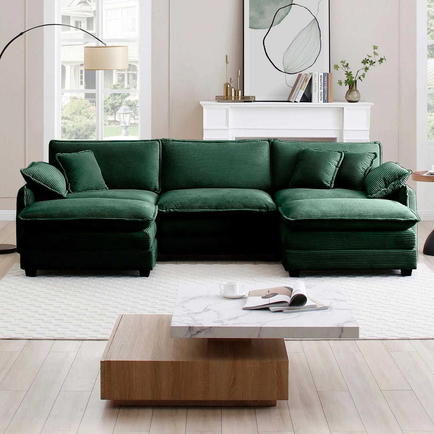 U Shape Sectional Cloud Sofa, Plush Corduroy Couch with Ottoman, Green