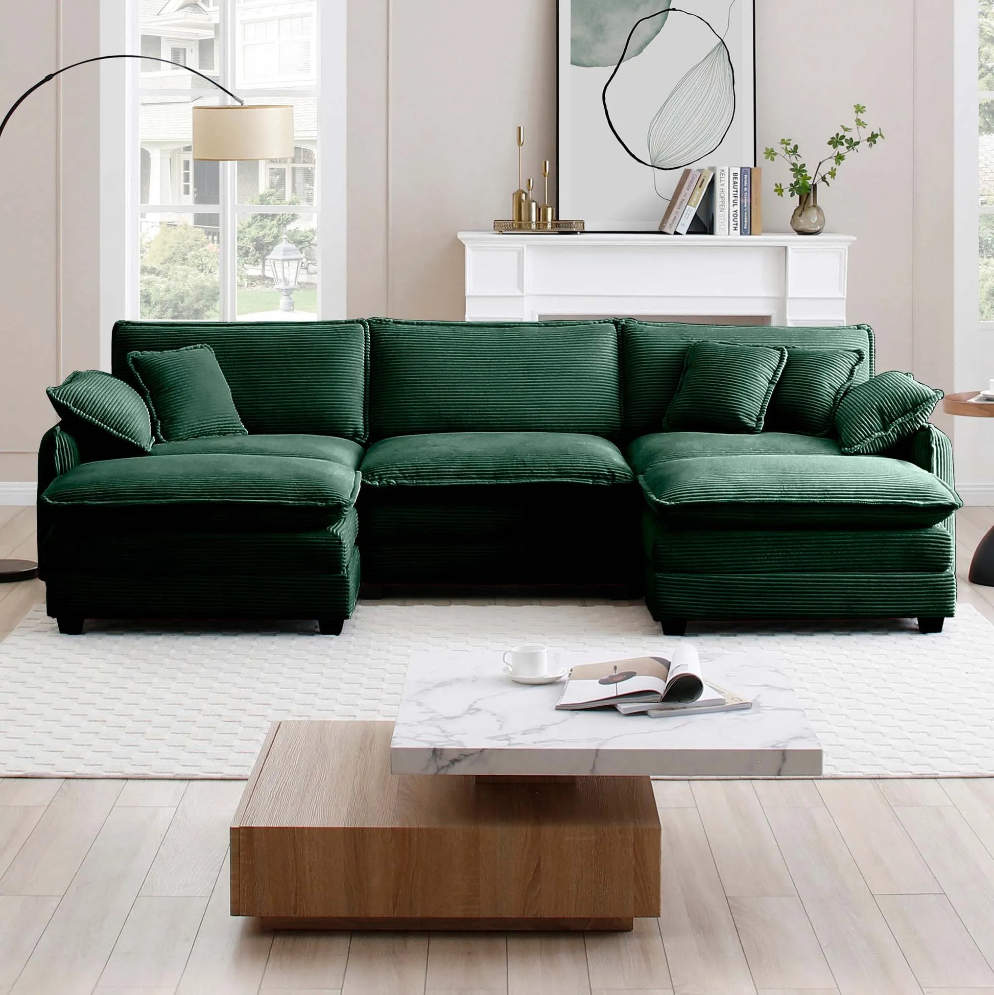 U Shape Sectional Cloud Sofa, Plush Corduroy Couch with Ottoman, Green