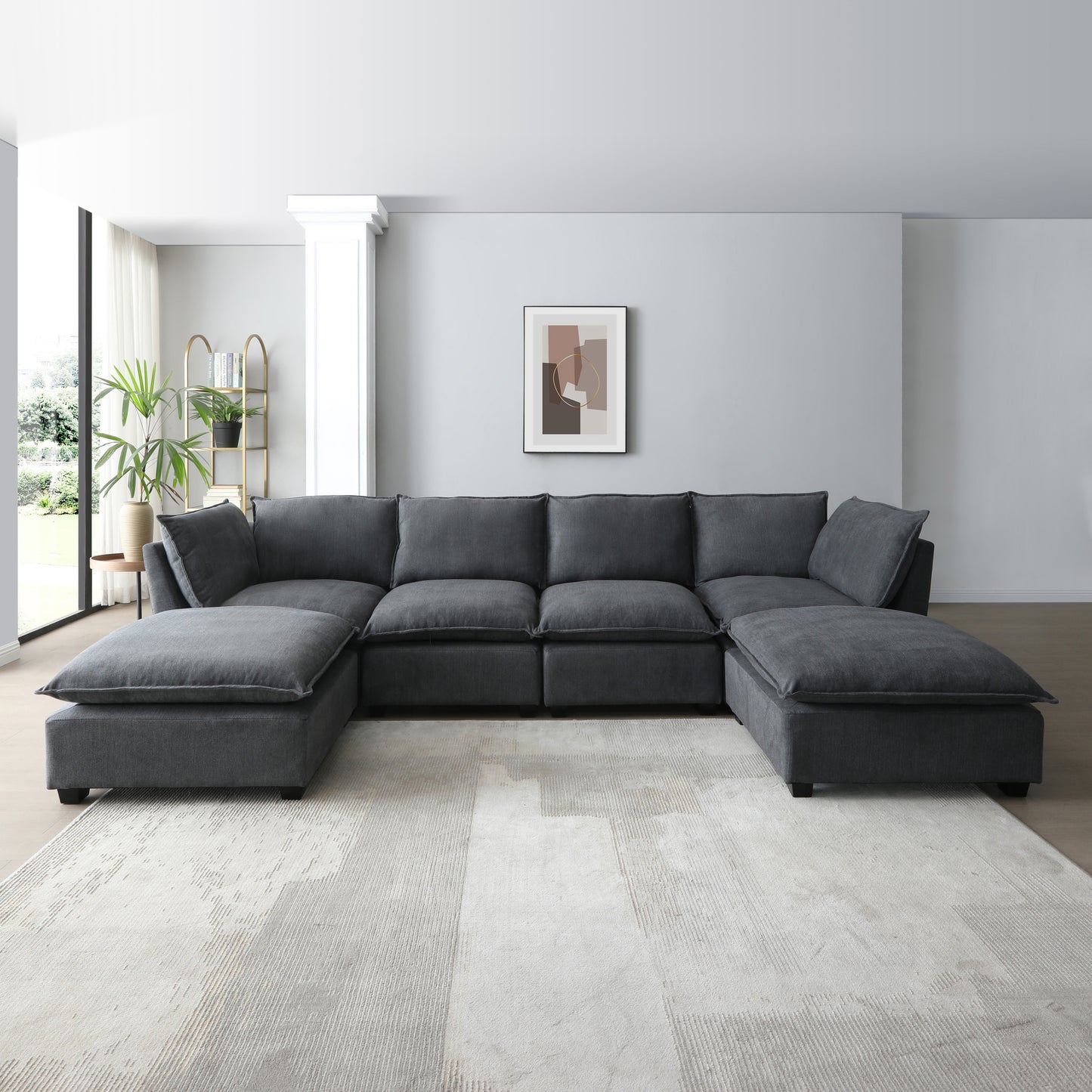 Large Cloud Sectional Sofa, Linen U Shaped Couch with Ottomans, Gray