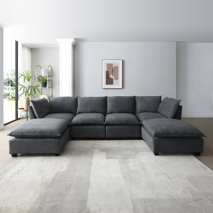 Large Cloud Sectional Sofa, Linen U Shaped Couch with Ottomans, Gray