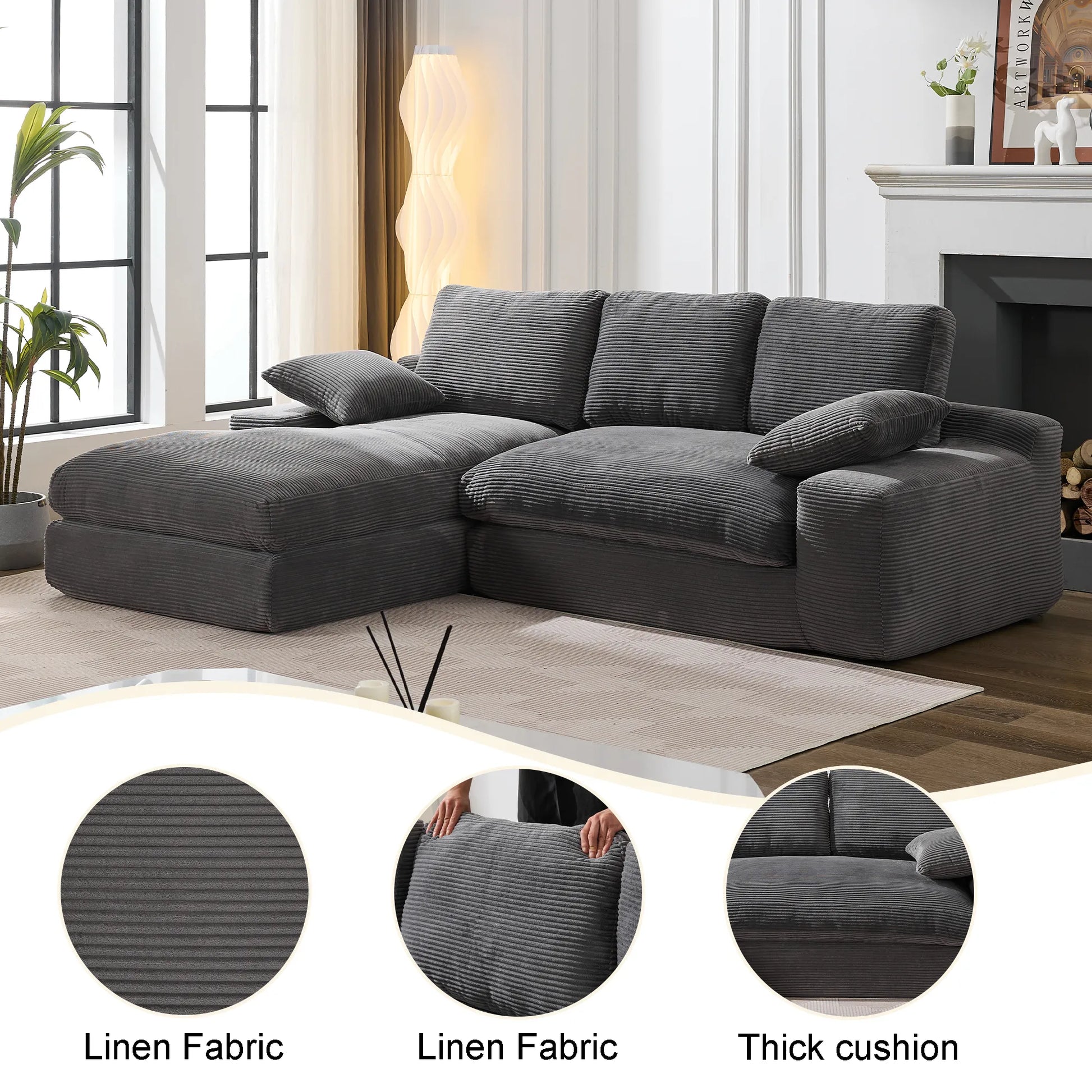 Chaise Lounge Sofa, L Shape Reversible Corduroy Couch Sectional, Grey