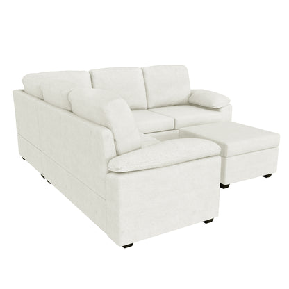 Modern L-Shape Velvet Sectional Sofa, Corner Couch with Ottoman, Beige
